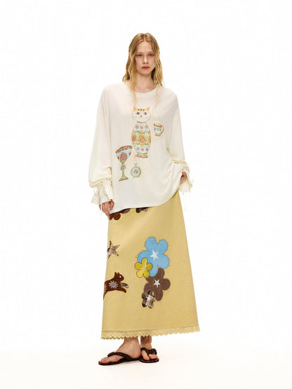OuttheBlue Goose Yellow Floral Embroidered High Waist Straight Women&