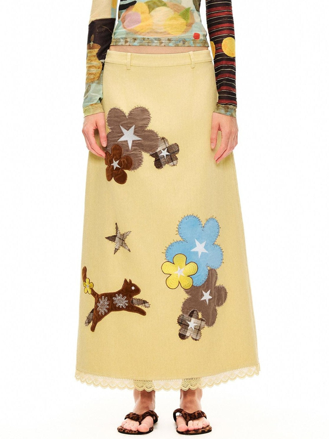 OuttheBlue Goose Yellow Floral Embroidered High Waist Straight Women&