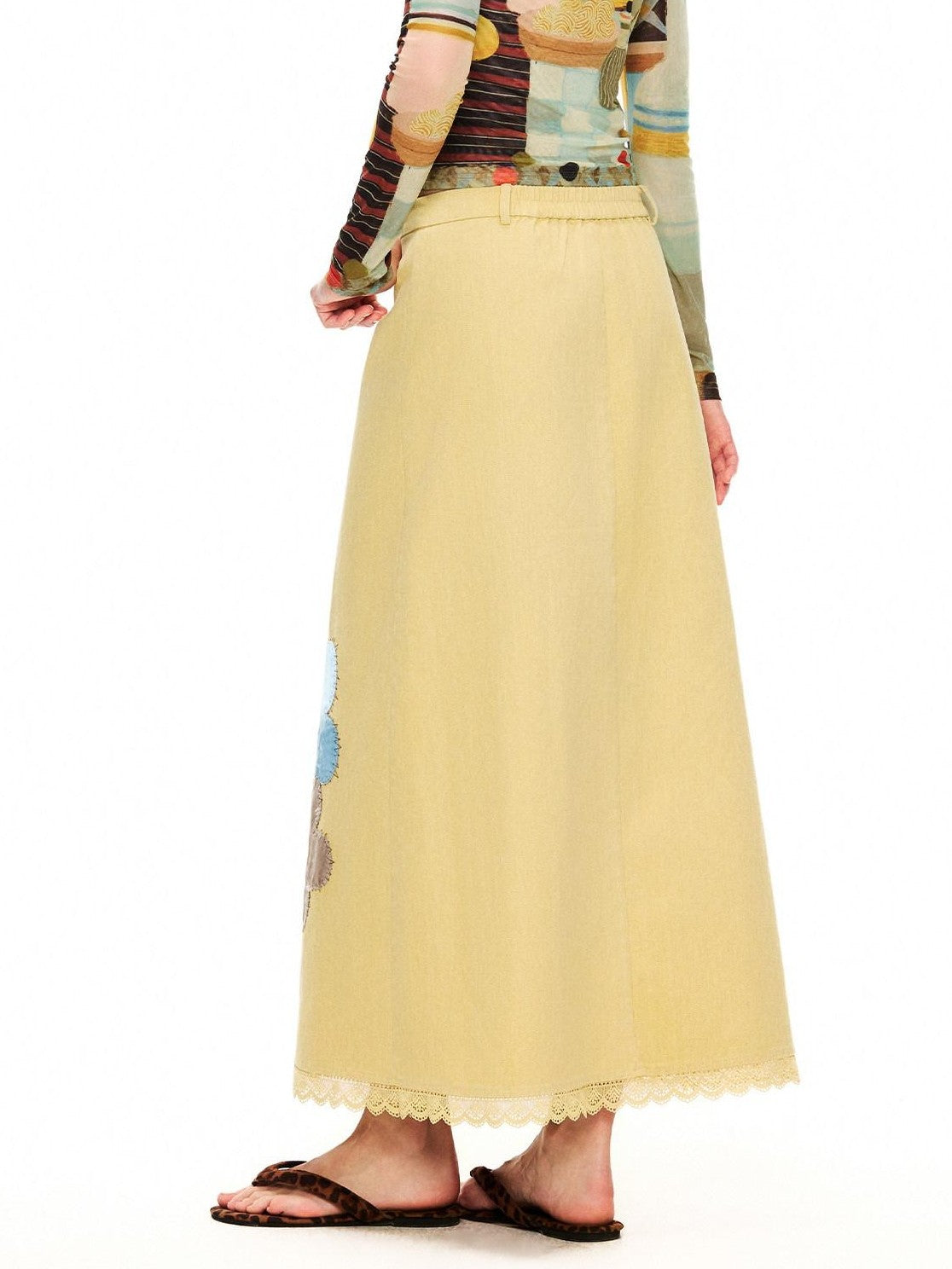 OuttheBlue Goose Yellow Floral Embroidered High Waist Straight Women&