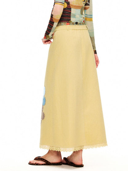 OuttheBlue Goose Yellow Floral Embroidered High Waist Straight Women&