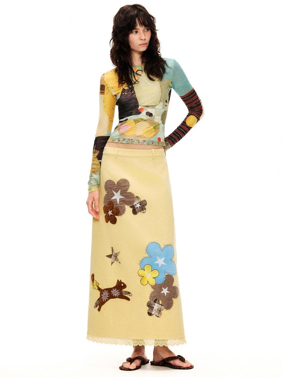 OuttheBlue Goose Yellow Floral Embroidered High Waist Straight Women&
