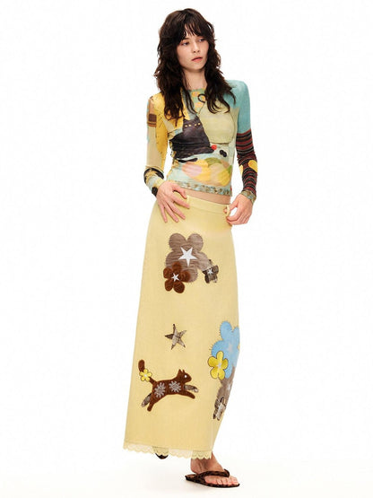 OuttheBlue Goose Yellow Floral Embroidered High Waist Straight Women&