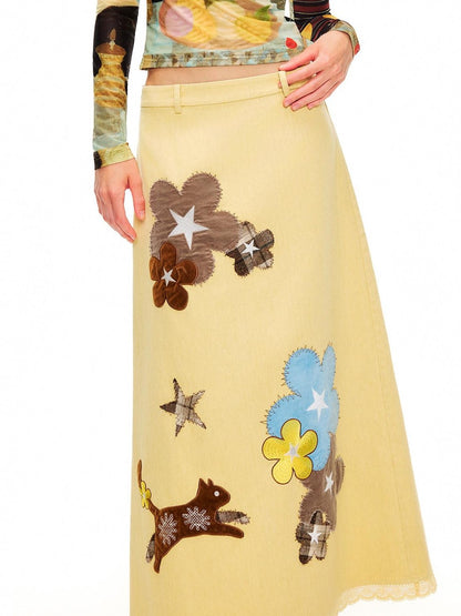 OuttheBlue Goose Yellow Floral Embroidered High Waist Straight Women&