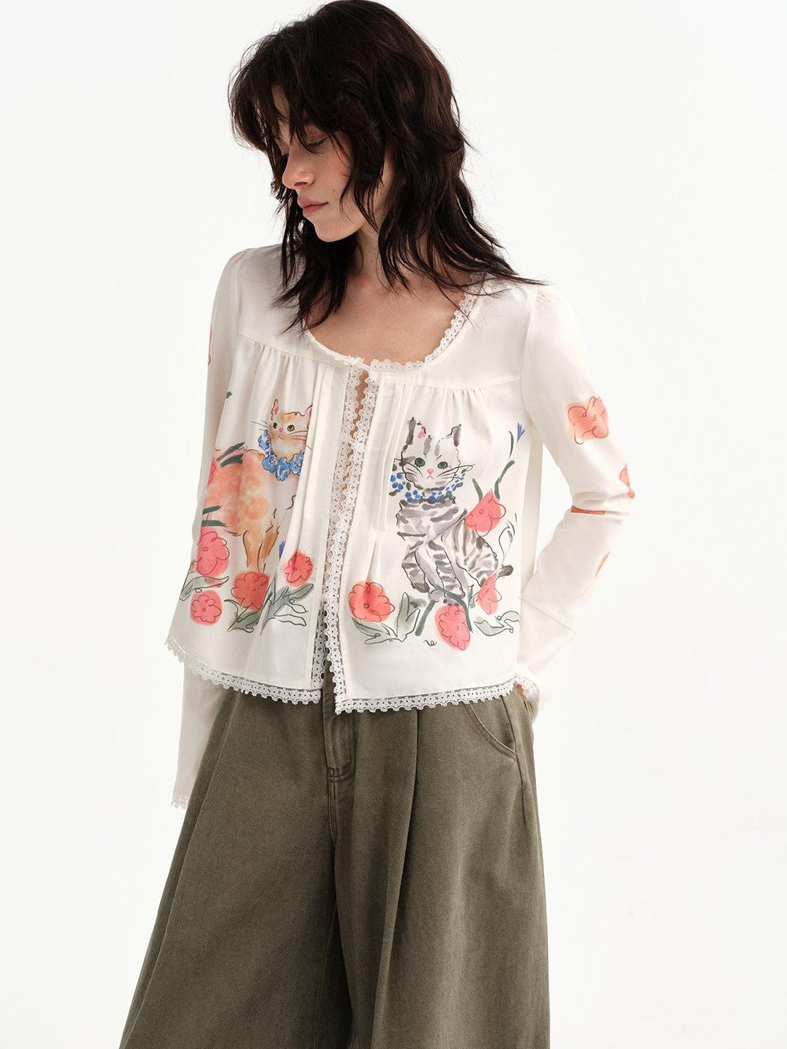 OuttheBlue Hand Painted Cat Floral Print Lace Trim Women&