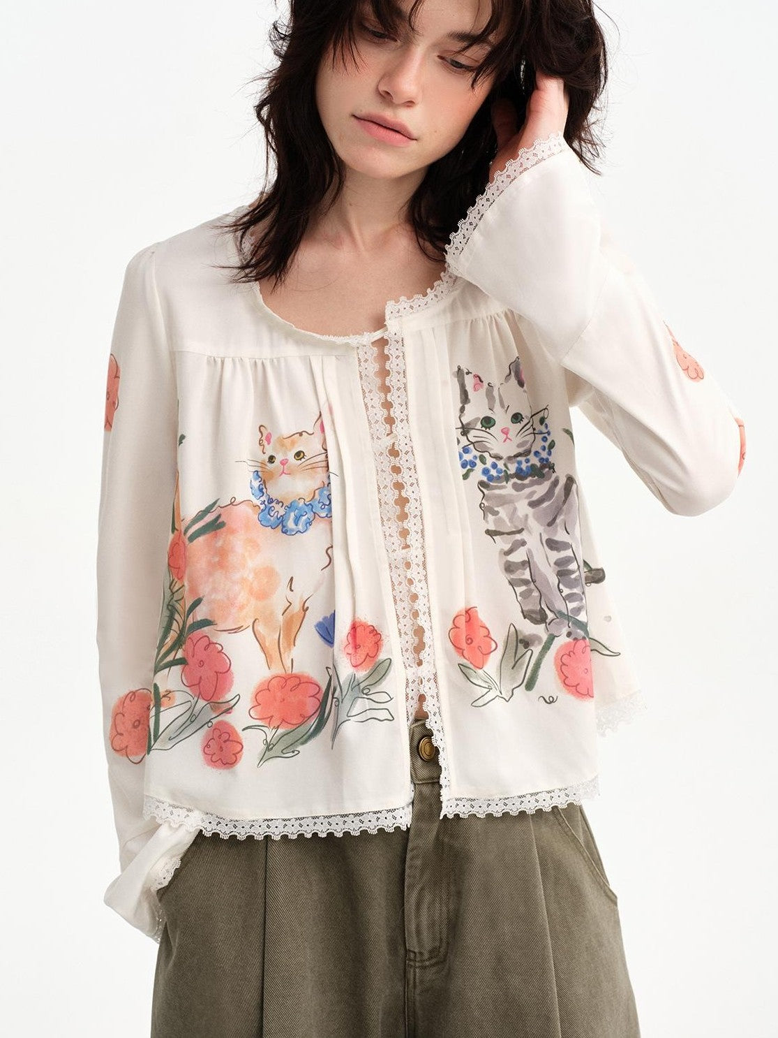 OuttheBlue Hand Painted Cat Floral Print Lace Trim Women&