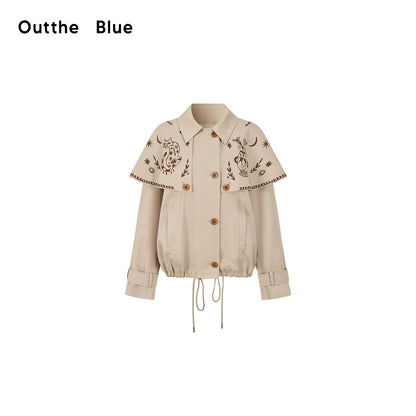 OuttheBlue_Hand_Painted_Cat_Print_Khaki_Cropped_Cape_Women&