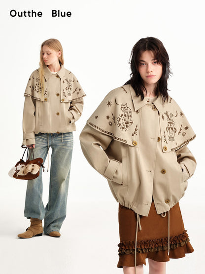 OuttheBlue Hand Painted Cat Print Khaki Cropped Cape Women&