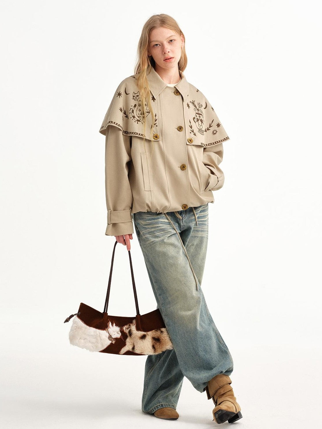OuttheBlue Hand Painted Cat Print Khaki Cropped Cape Women&
