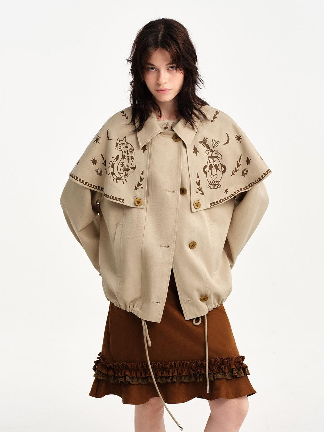 OuttheBlue Hand Painted Cat Print Khaki Cropped Cape Women&