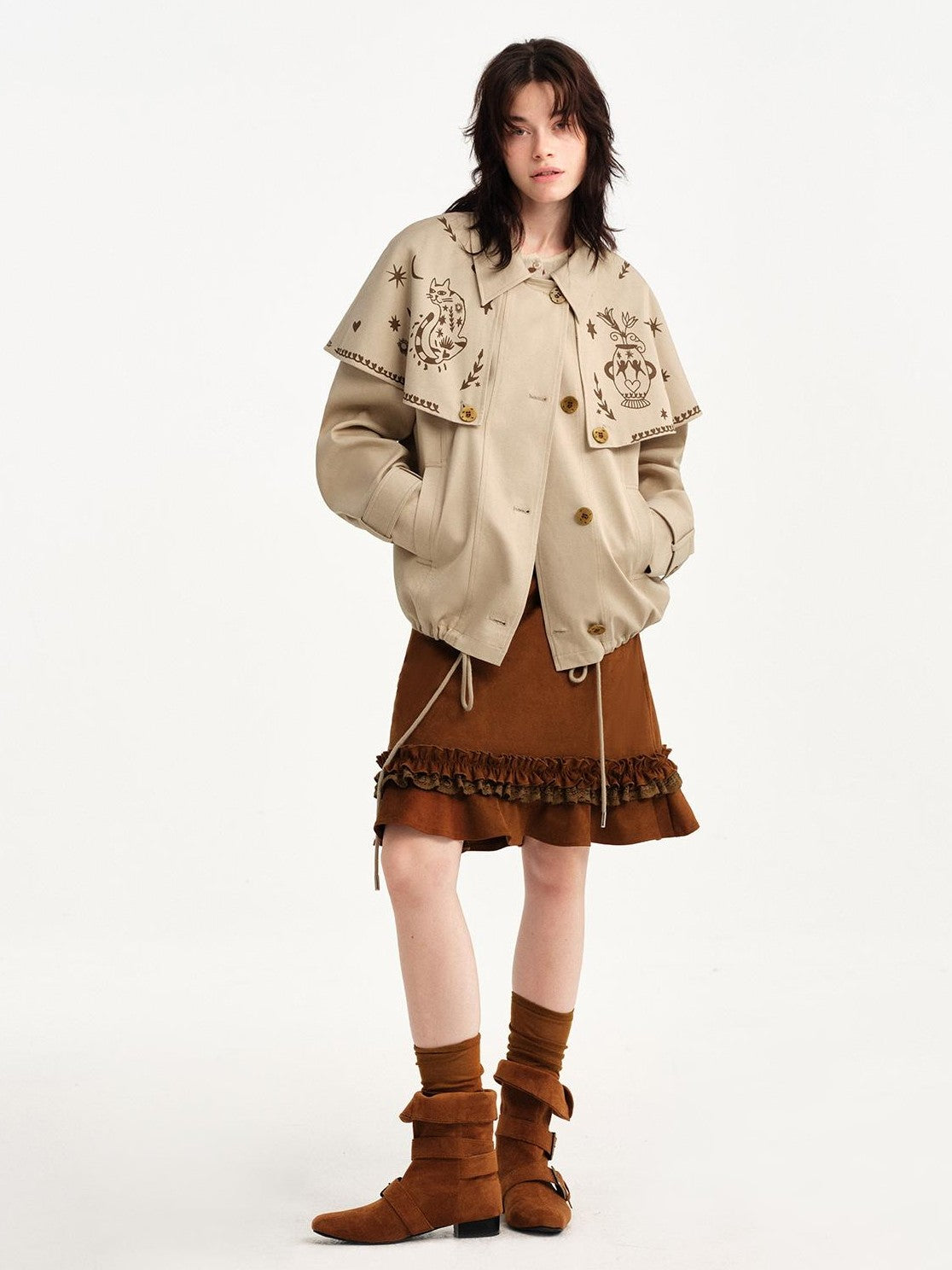 OuttheBlue Hand Painted Cat Print Khaki Cropped Cape Women&