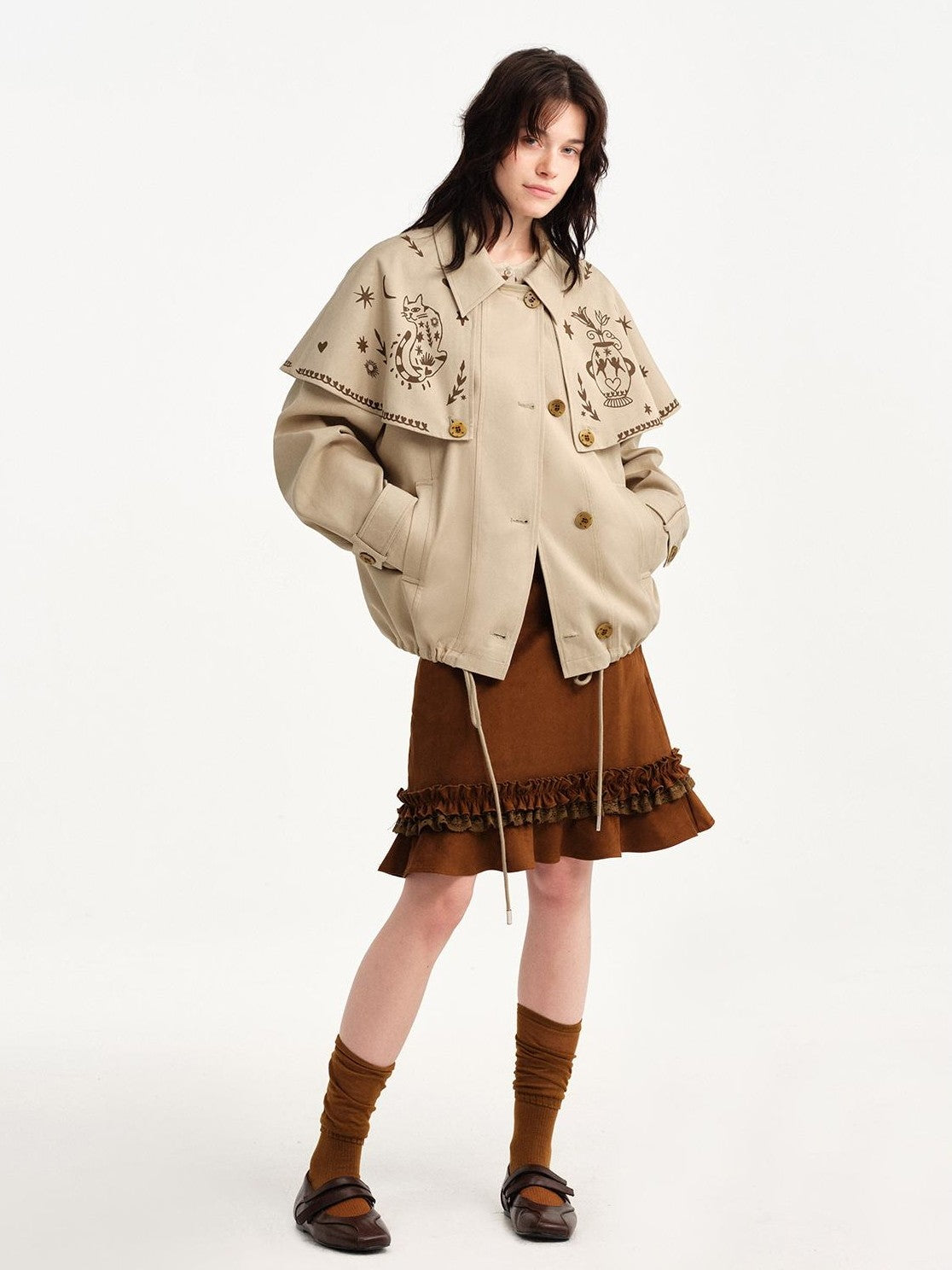 OuttheBlue Hand Painted Cat Print Khaki Cropped Cape Women&