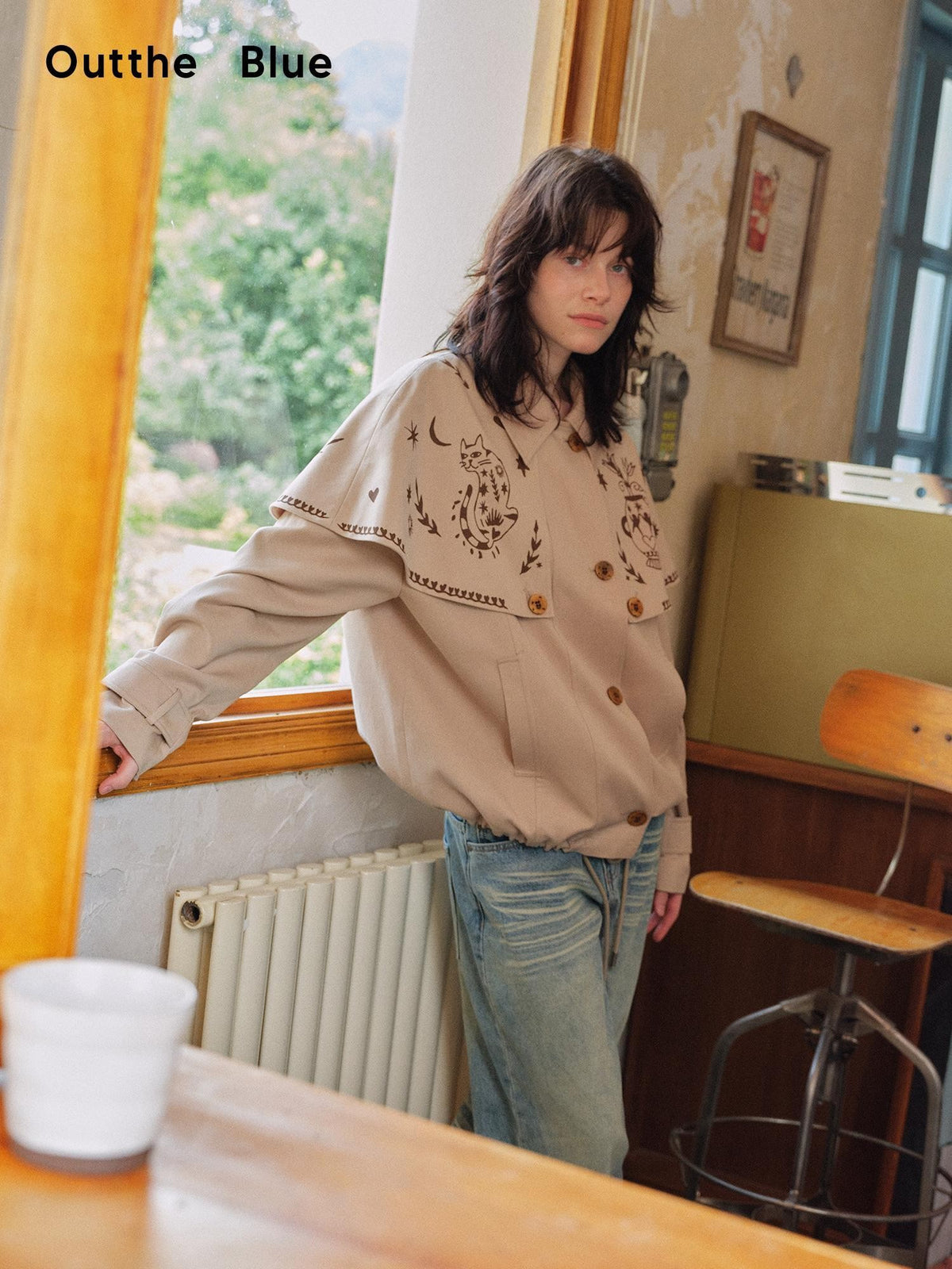 OuttheBlue Hand Painted Cat Print Khaki Cropped Cape Women&