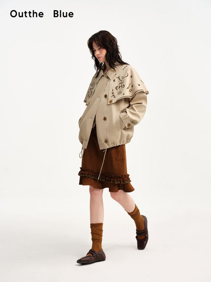 OuttheBlue Hand Painted Cat Print Khaki Cropped Cape Women&