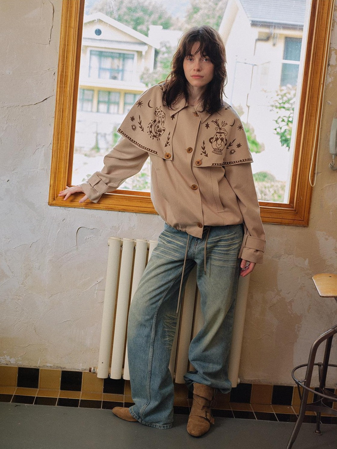 OuttheBlue Hand Painted Cat Print Khaki Cropped Cape Women&