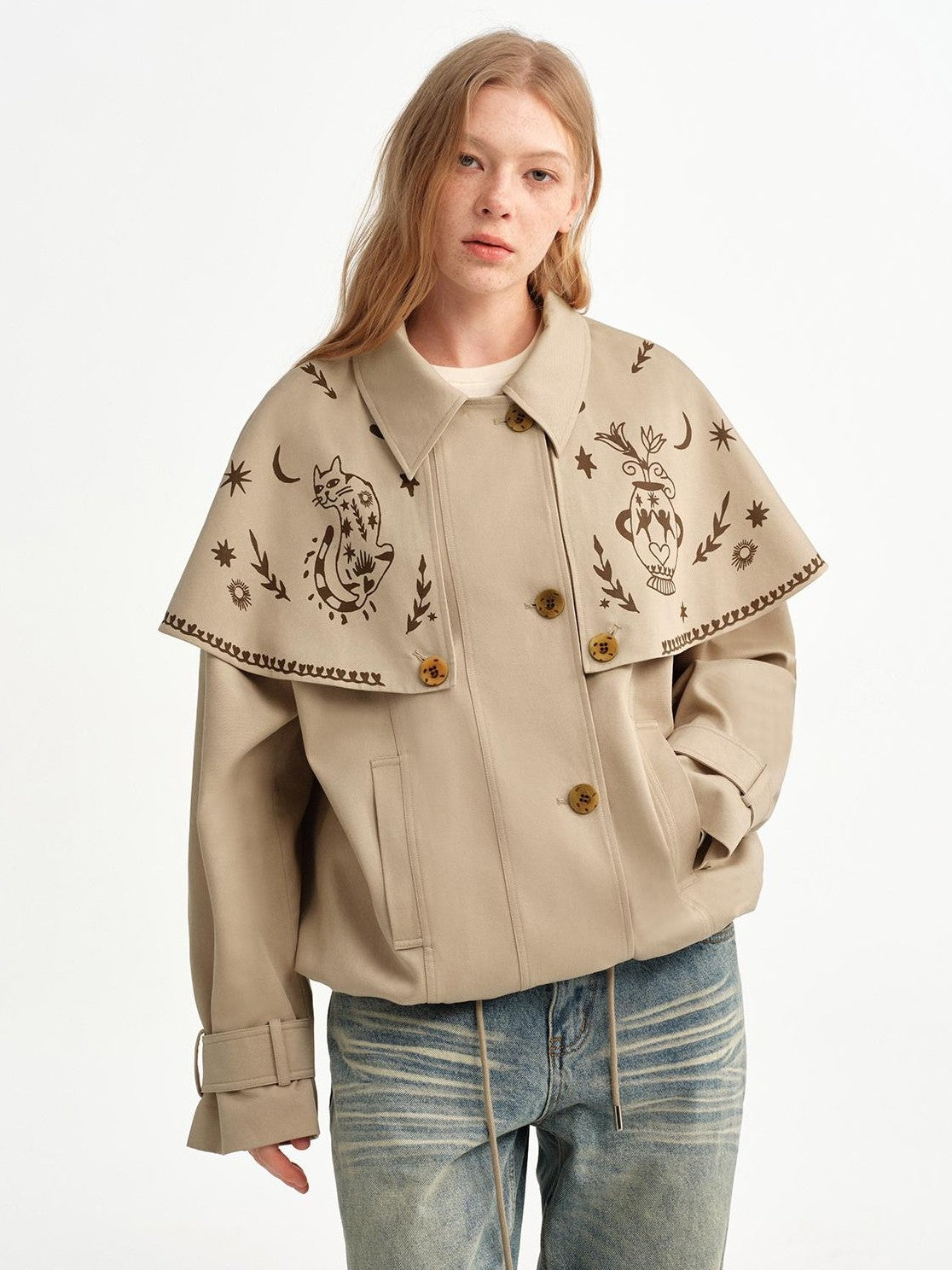 OuttheBlue Hand Painted Cat Print Khaki Cropped Cape Women&