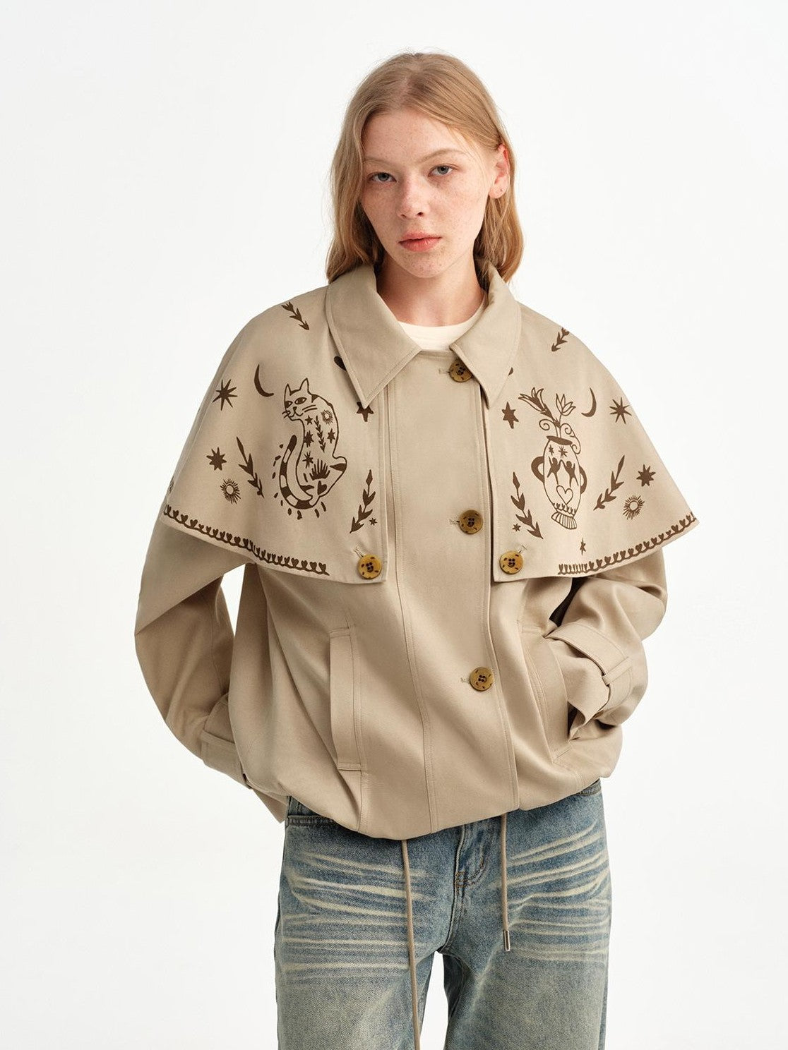 OuttheBlue Hand Painted Cat Print Khaki Cropped Cape Women&