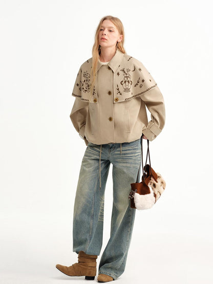 OuttheBlue Hand Painted Cat Print Khaki Cropped Cape Women&