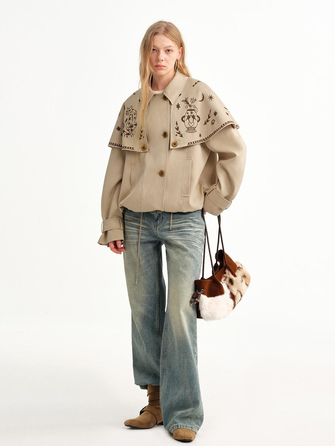 OuttheBlue Hand Painted Cat Print Khaki Cropped Cape Women&