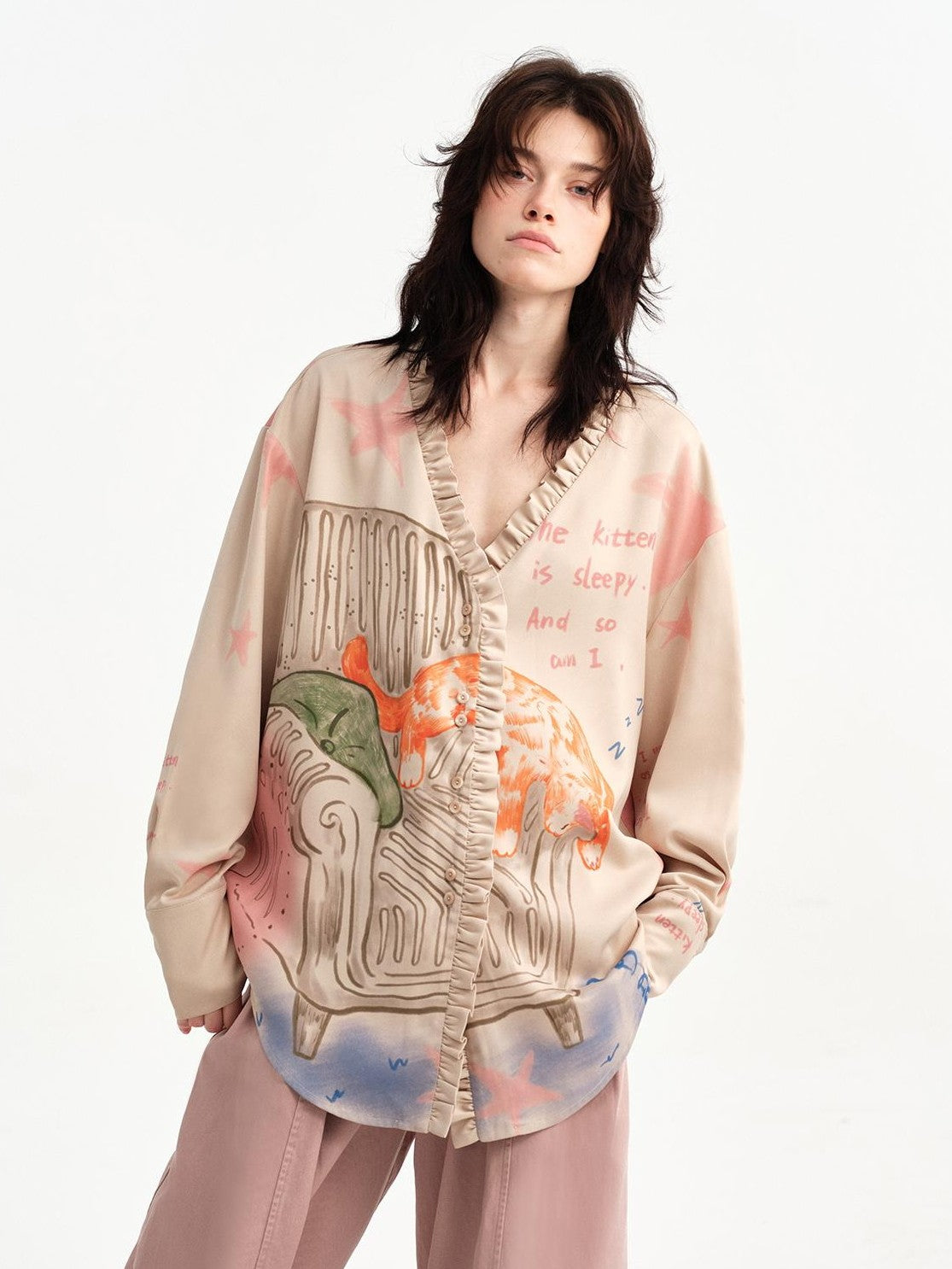OuttheBlue Hand Painted Cat Print Ruffle Satin Women&