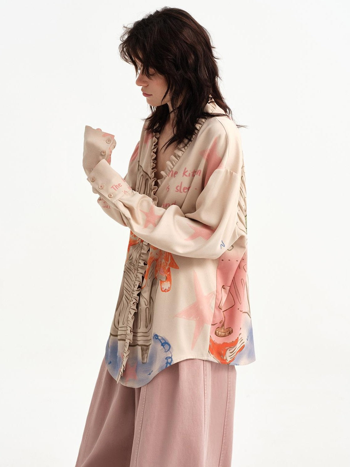 OuttheBlue Hand Painted Cat Print Ruffle Satin Women&