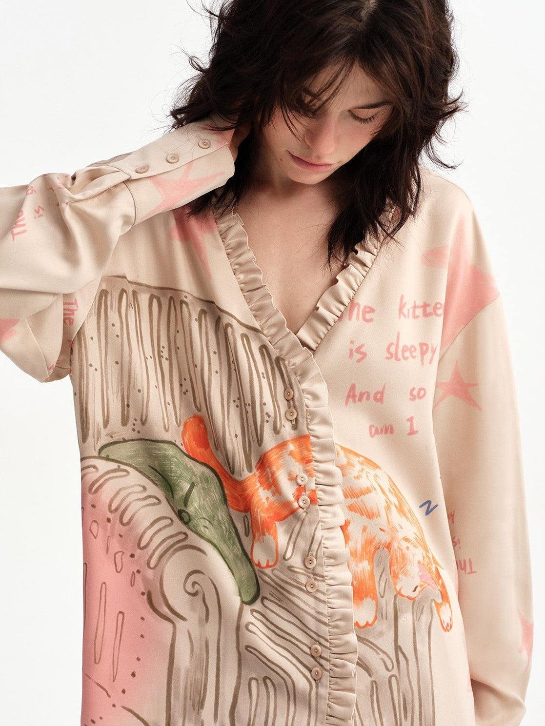 OuttheBlue Hand Painted Cat Print Ruffle Satin Women&