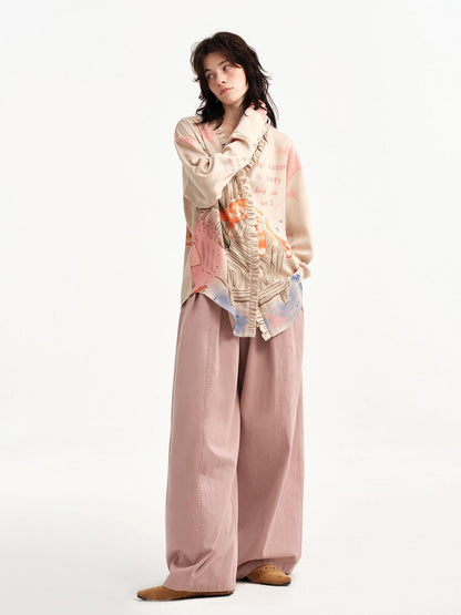 OuttheBlue Hand Painted Cat Print Ruffle Satin Women&