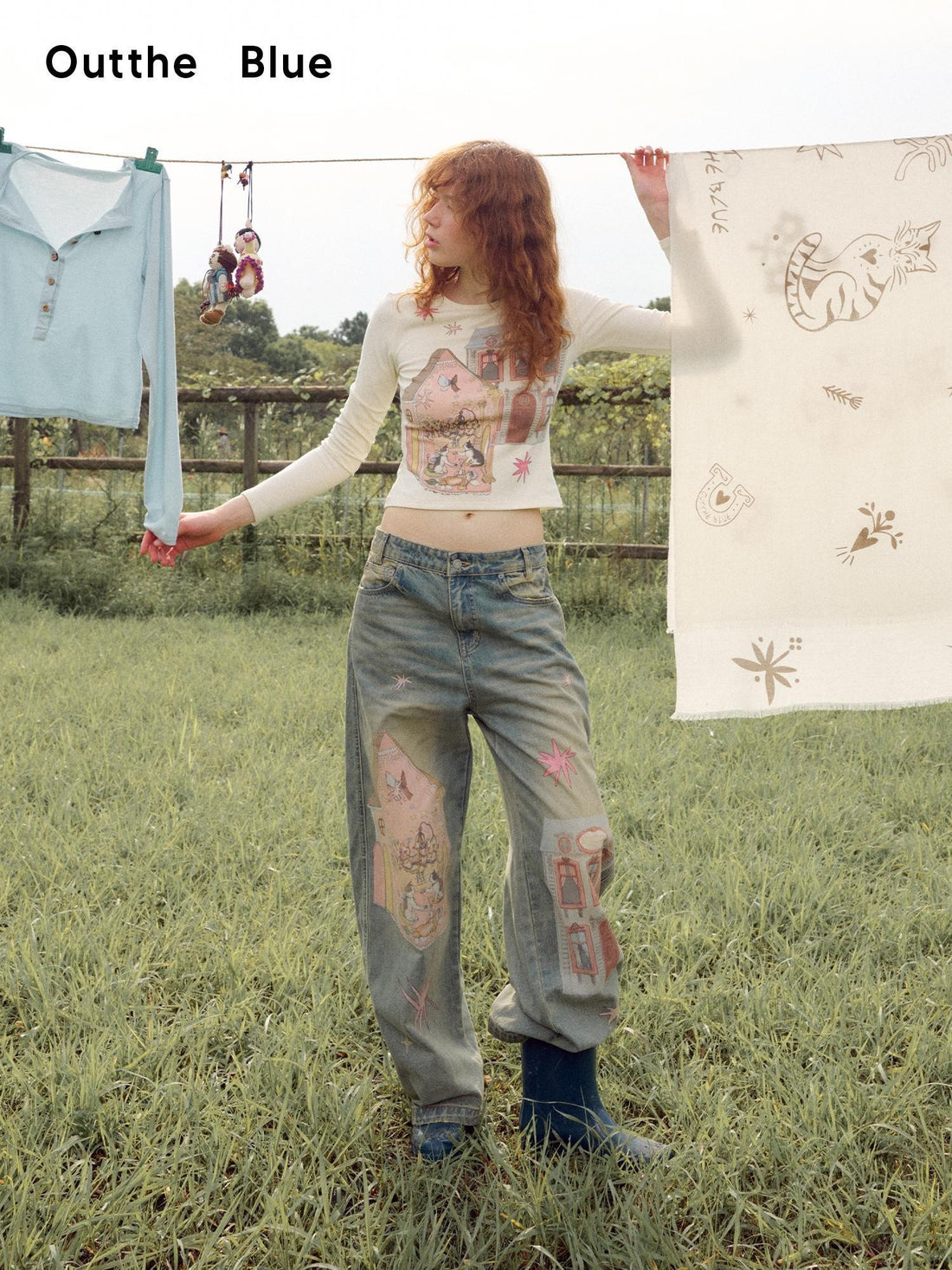 OuttheBlue Hand Painted Vintage Print Round Neck Women&