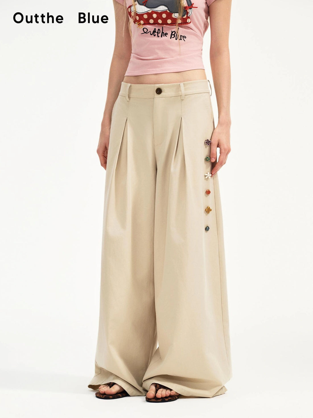 OuttheBlue Hand Stitched Ceramic Floral Wide Leg Pants