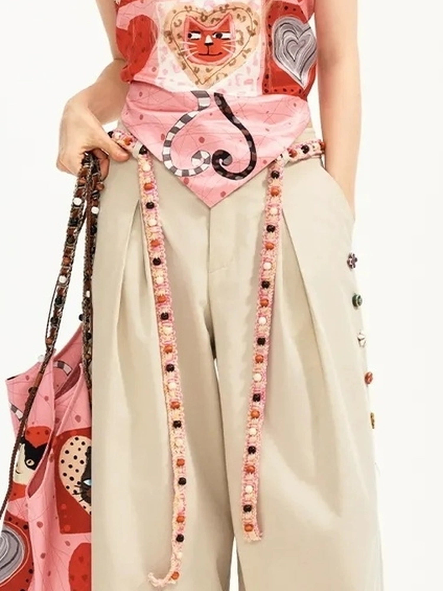 OuttheBlue Hand Stitched Ceramic Floral Wide Leg Pants