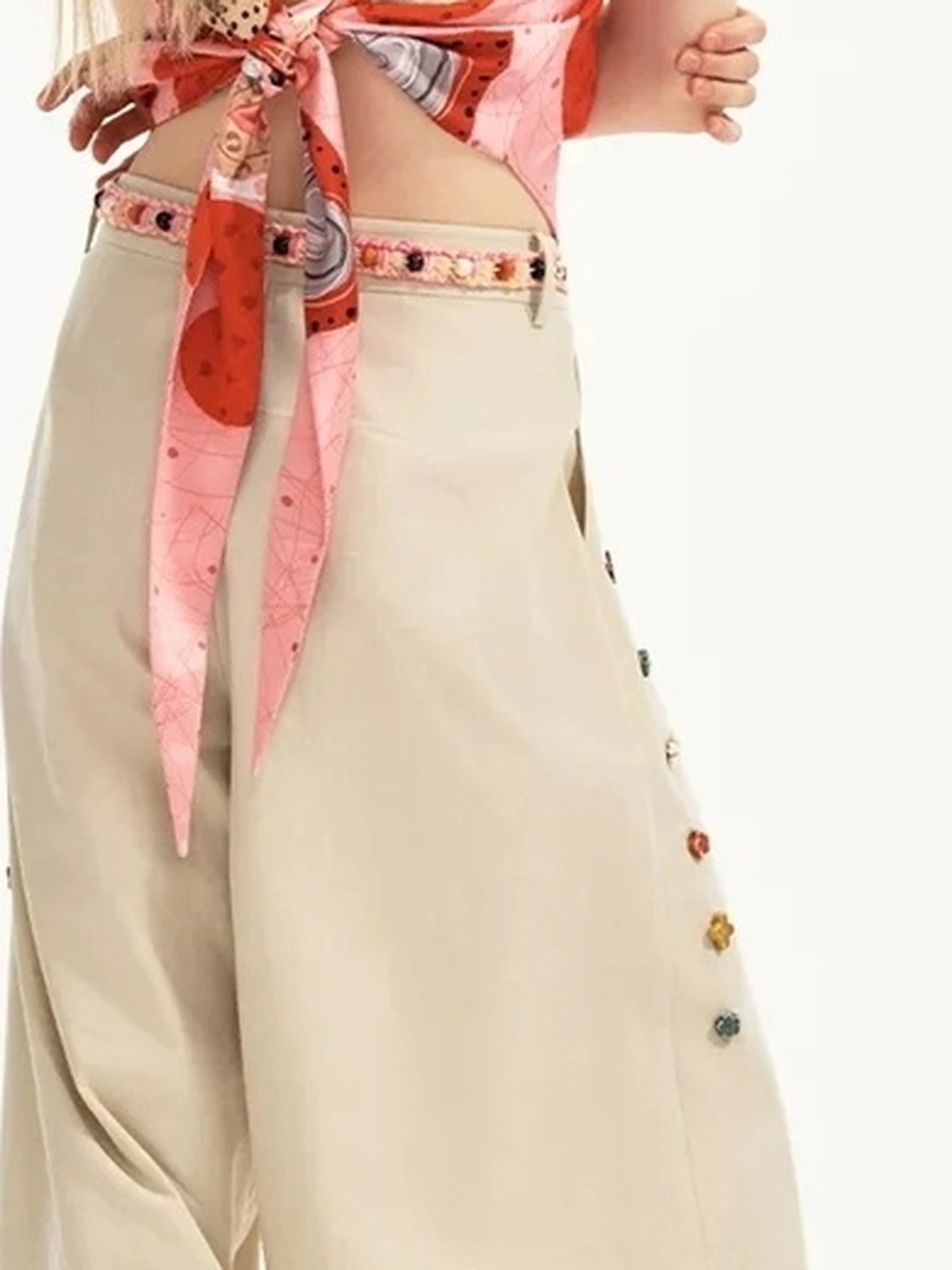 OuttheBlue Hand Stitched Ceramic Floral Wide Leg Pants