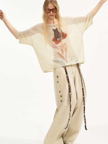 OuttheBlue Hand Stitched Ceramic Floral Wide Leg Pants