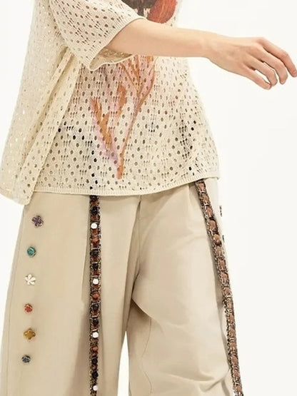 OuttheBlue Hand Stitched Ceramic Floral Wide Leg Pants
