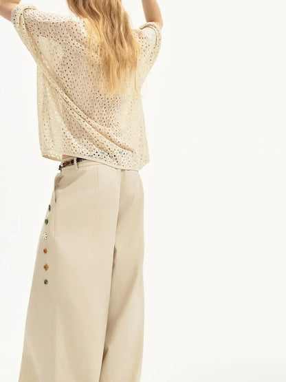 OuttheBlue Hand Stitched Ceramic Floral Wide Leg Pants