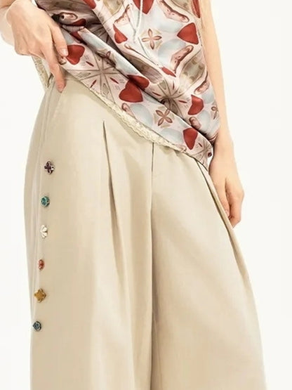 OuttheBlue Hand Stitched Ceramic Floral Wide Leg Pants