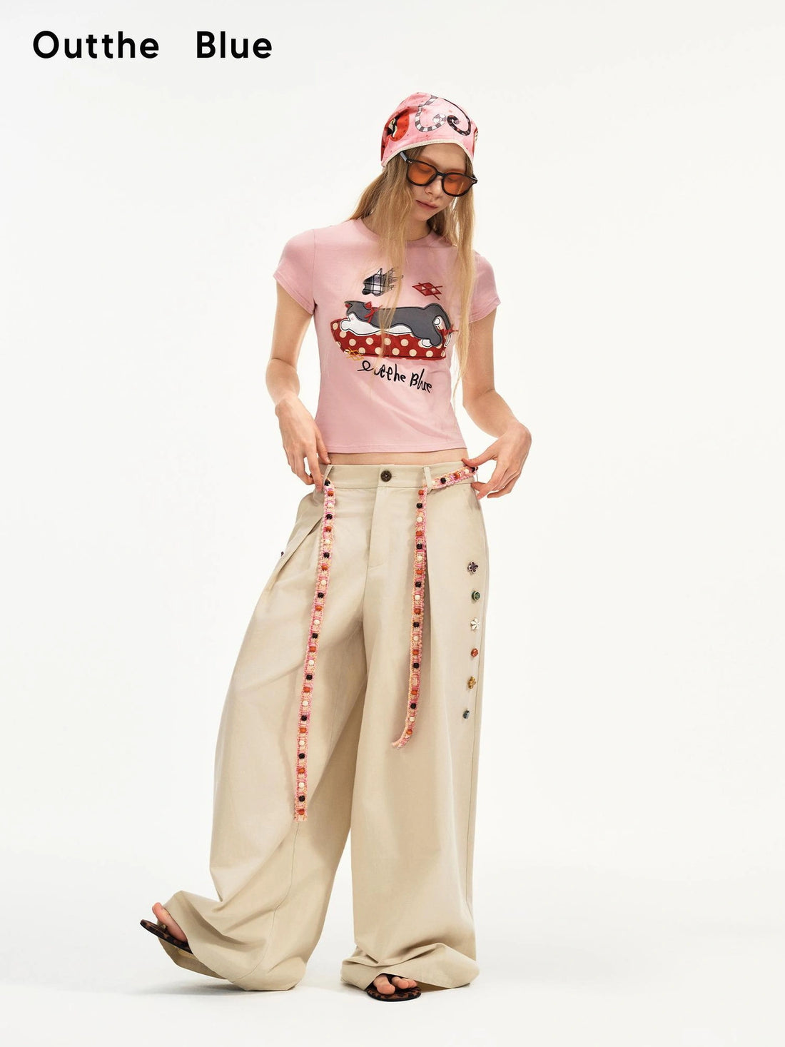 OuttheBlue Hand Stitched Ceramic Floral Wide Leg Pants