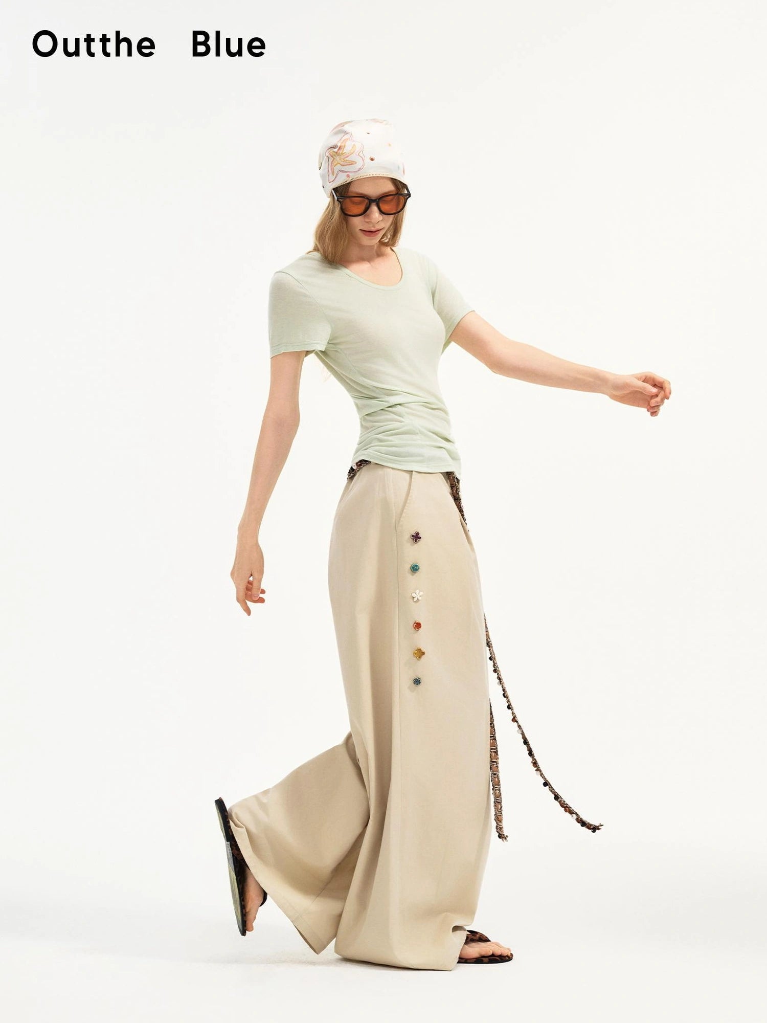 OuttheBlue Hand Stitched Ceramic Floral Wide Leg Pants
