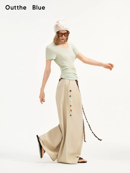 OuttheBlue Hand Stitched Ceramic Floral Wide Leg Pants
