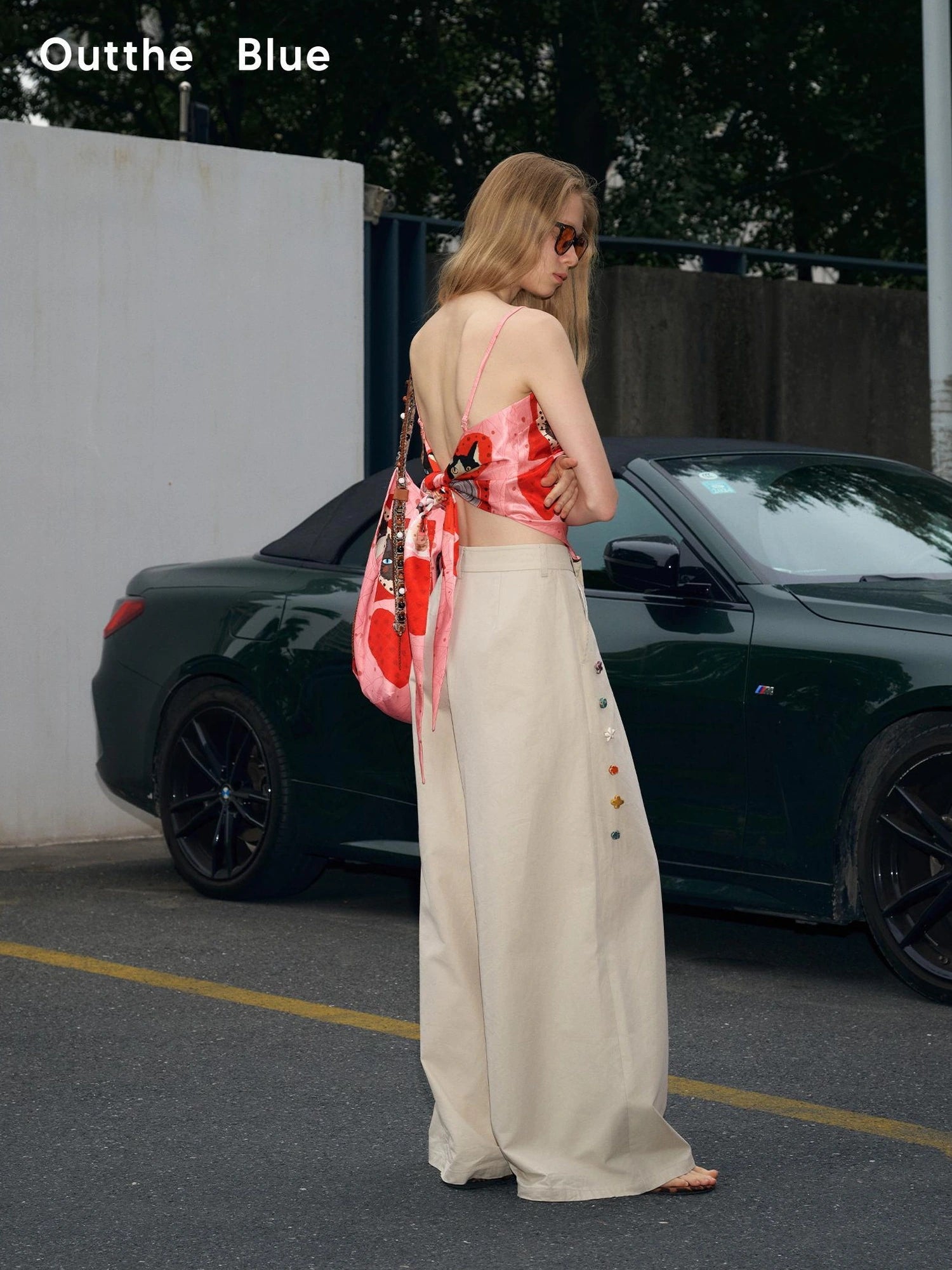 OuttheBlue Hand Stitched Ceramic Floral Wide Leg Pants