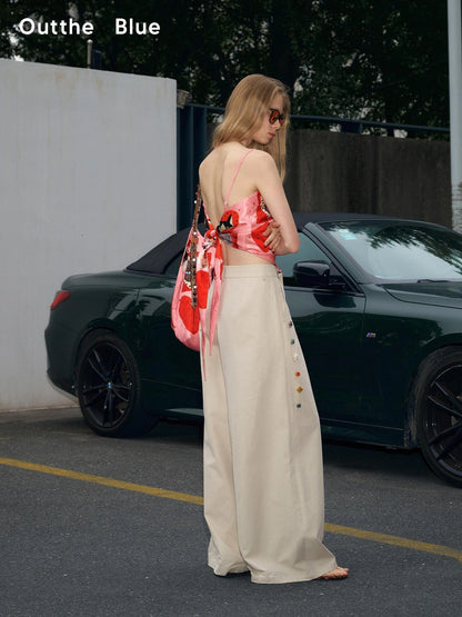 OuttheBlue Hand Stitched Ceramic Floral Wide Leg Pants