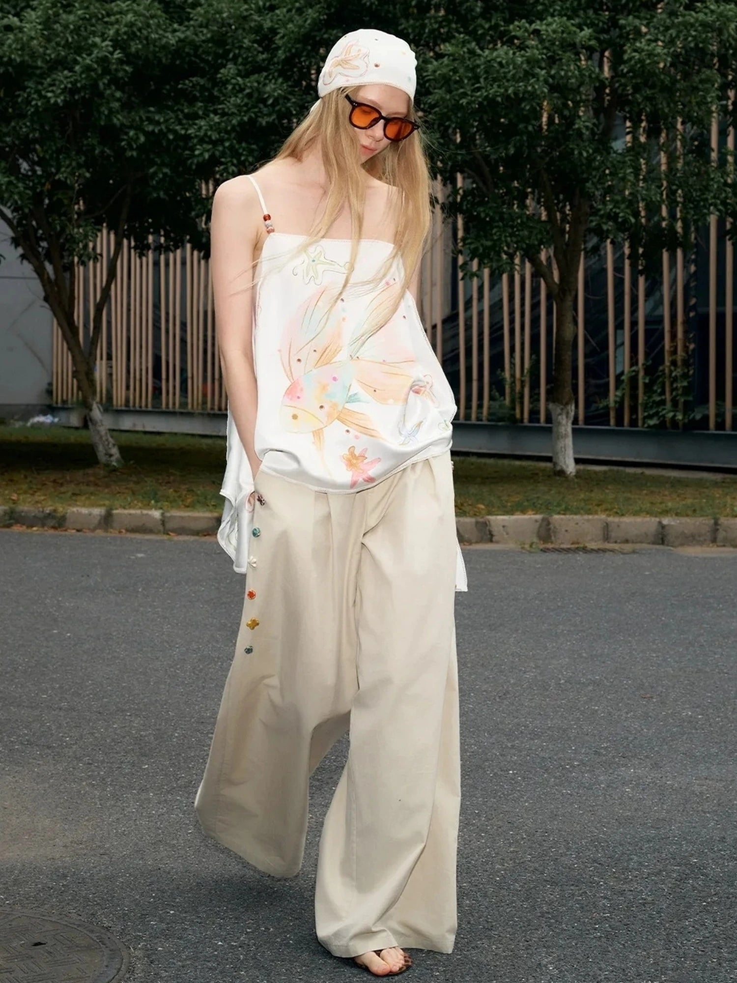 OuttheBlue Hand Stitched Ceramic Floral Wide Leg Pants
