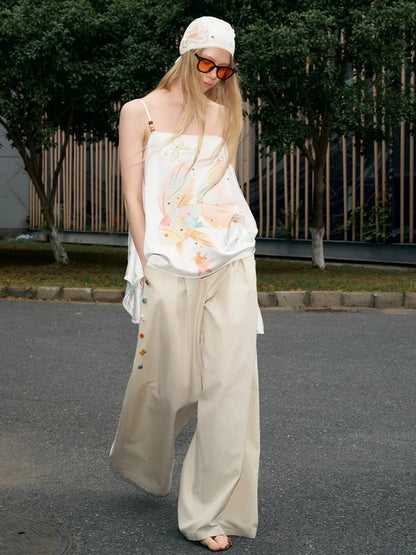 OuttheBlue Hand Stitched Ceramic Floral Wide Leg Pants