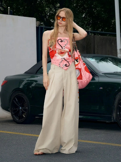 OuttheBlue Hand Stitched Ceramic Floral Wide Leg Pants