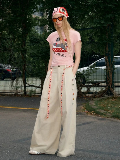 OuttheBlue Hand Stitched Ceramic Floral Wide Leg Pants