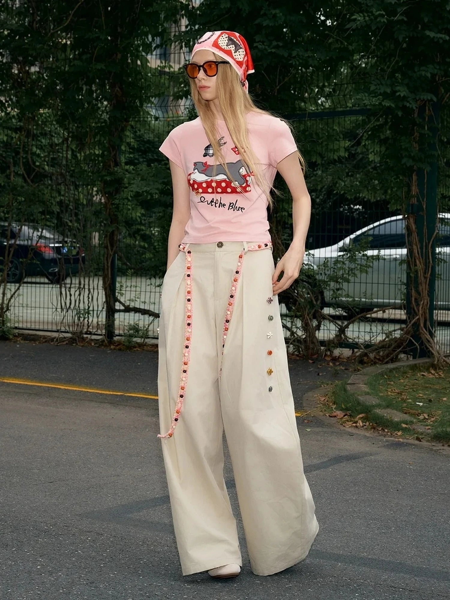 OuttheBlue Hand Stitched Ceramic Floral Wide Leg Pants