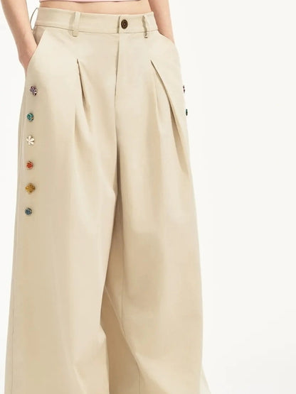 OuttheBlue Hand Stitched Ceramic Floral Wide Leg Pants