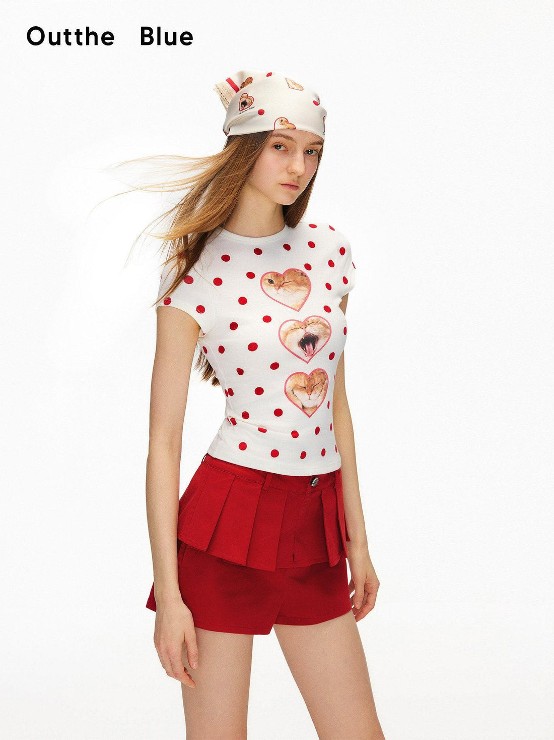 OuttheBlue Heart Polka Dot Print Slim Fit Women Viscose Cotton Blend Short Sleeve T-Shirts