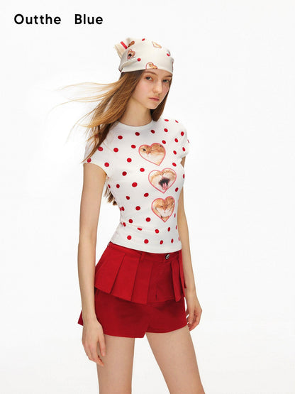 OuttheBlue Heart Polka Dot Print Slim Fit Women Viscose Cotton Blend Short Sleeve T-Shirts