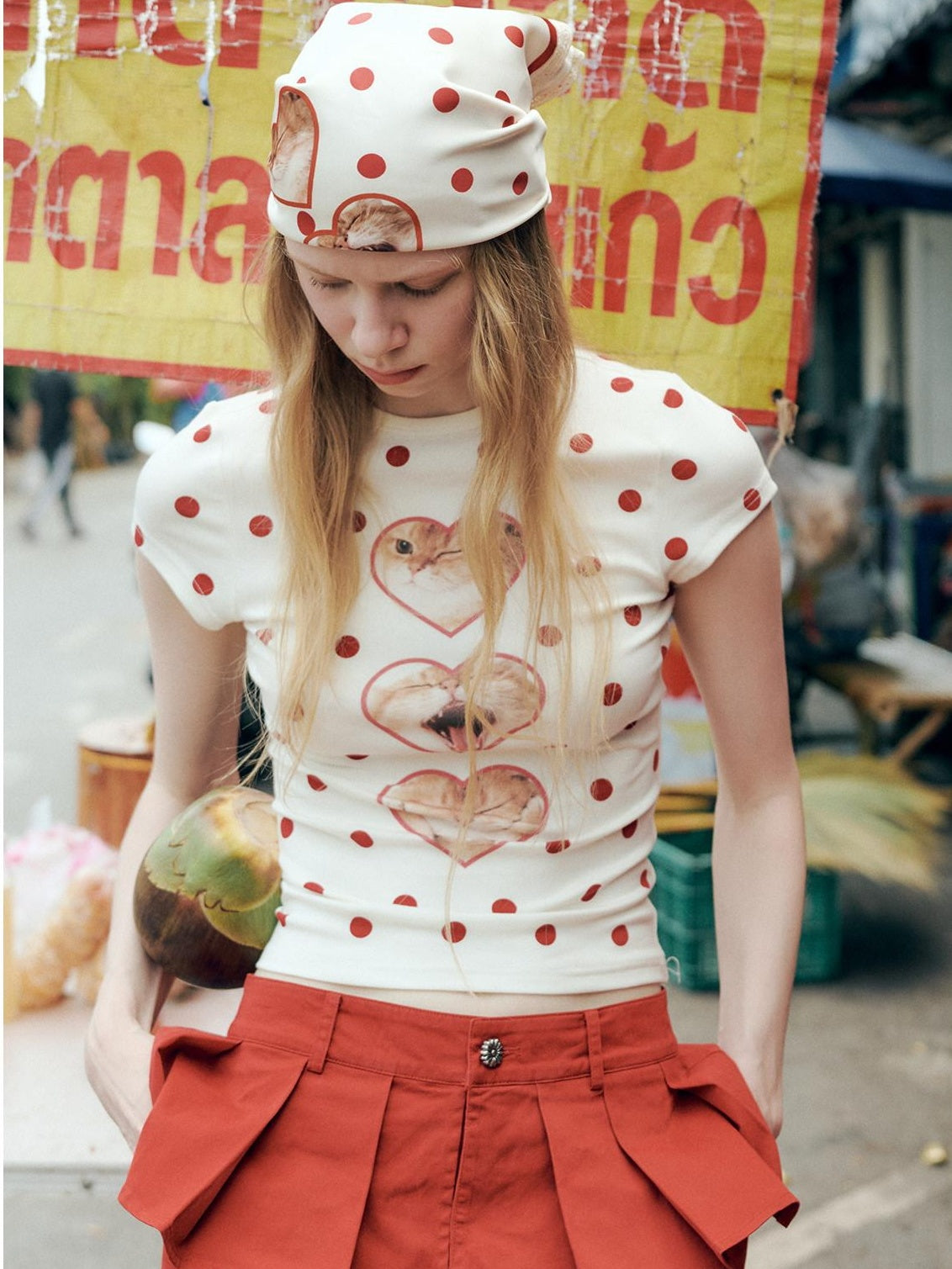 OuttheBlue Heart Polka Dot Print Slim Fit Women Viscose Cotton Blend Short Sleeve T-Shirts