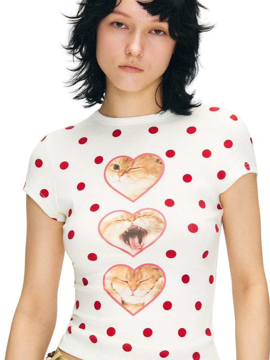 OuttheBlue Heart Polka Dot Print Slim Fit Women Viscose Cotton Blend Short Sleeve T-Shirts