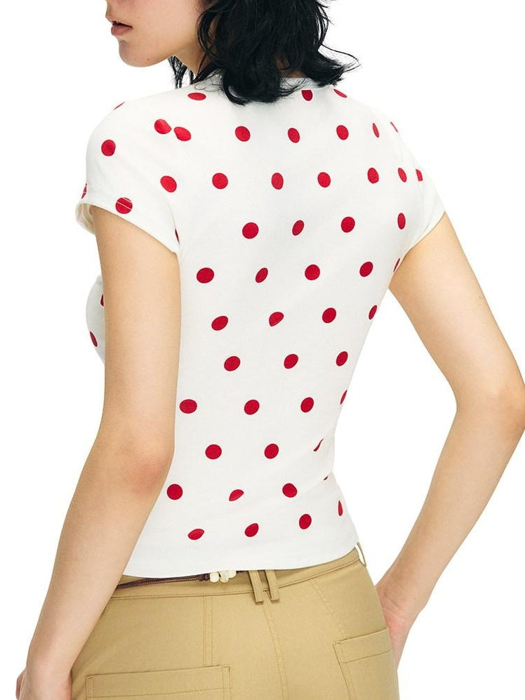 OuttheBlue Heart Polka Dot Print Slim Fit Women Viscose Cotton Blend Short Sleeve T-Shirts